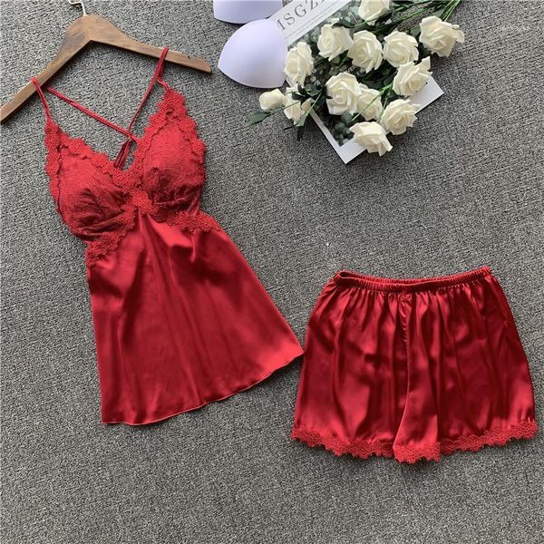 

2020 new spring nightdress shorts pajamas twinset sweet lace reveal back silk pyjamas1, Black;red