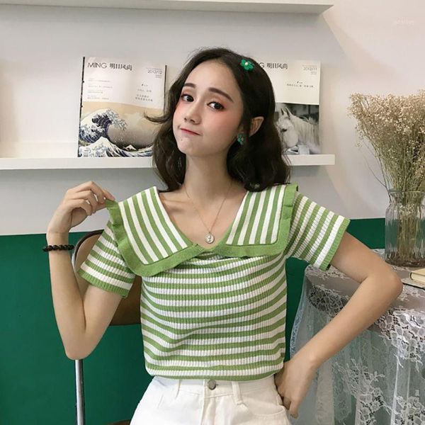 

summer t shirt woman slim o-neck short-sleeved knit tshirt ice silk ruffle fashion striped new women casual tees sale1, White