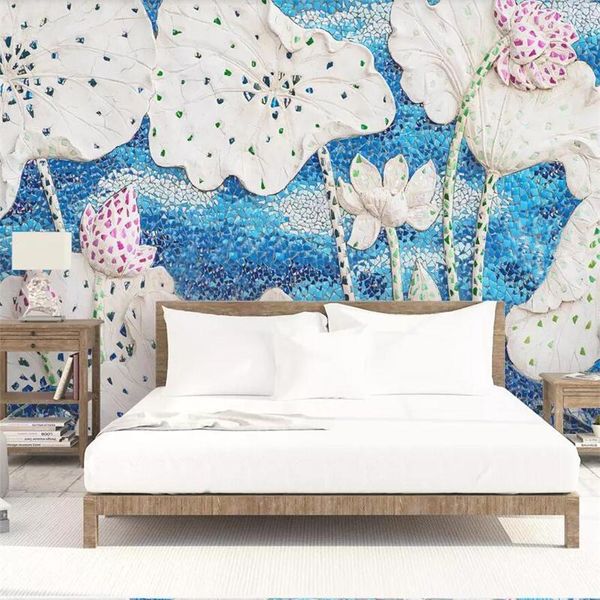 

wallpapers customize 3d three-dimensional embossed lotus background wall fresh and elegant chinese custom large mural green wallpaper