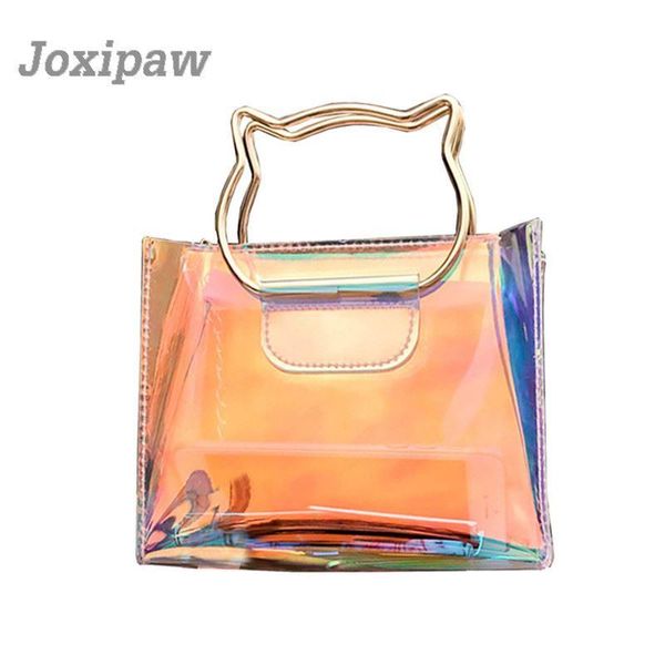 

joxipaw hologram women transparent bag clear beach handbag pvc plastic shoulderbag cat metal handle female crossbody bag