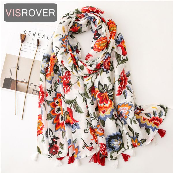 

visrover 2020 fashion spring summer flower printing viscose scarf with tassel fashion wraps shawls summer beach hijab wholesales t200407, Blue;gray