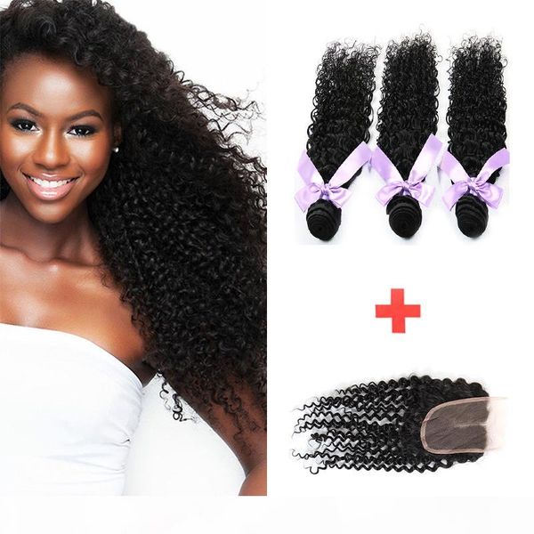 

brazilian hair curly 3bundles with lace closure or middle part brazilian mongolian afro kinky curly virgin human hair with lace closure, Black