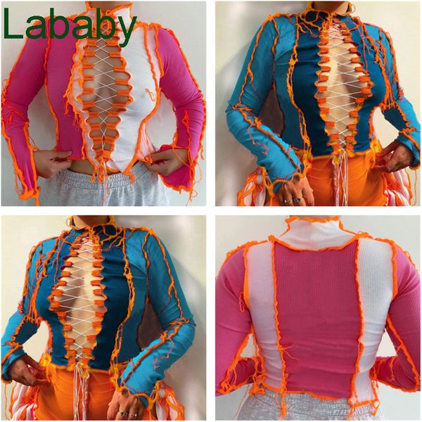 

new women wear in spring and autumn designer 2021 hollow out chest with ear strap long sleeve t-shirt reverse side, White