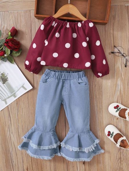 

baby polka dot print off shoulder & raw cut flare leg pants she, White