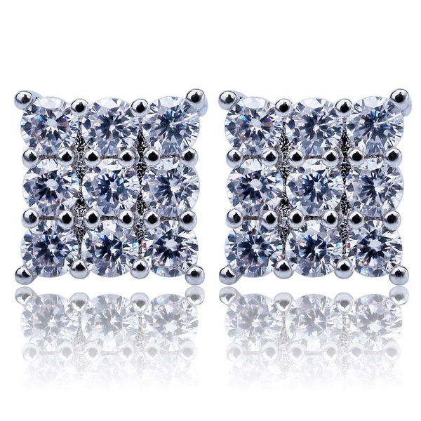 

shining white zircon hip hop square stud earrings screw back gold plated earrings vintage geometric jewelry, Golden;silver