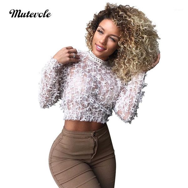 

mutevole women long sleeve mesh t shirts see through crop femme night party clubwear bodycon bow lace tee shirts1, White