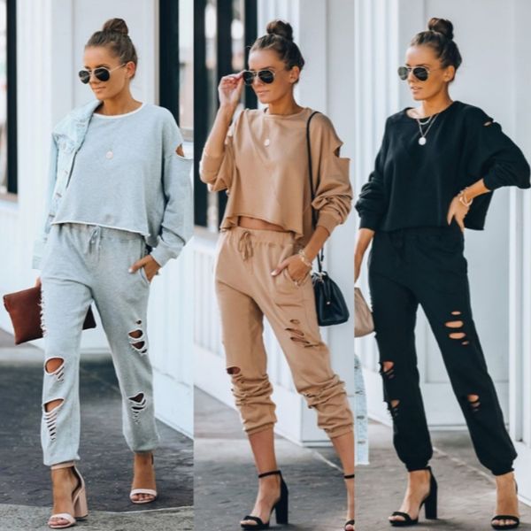 

autumn and winter 2020 new fashion leisure sports hole suit for women, Gray