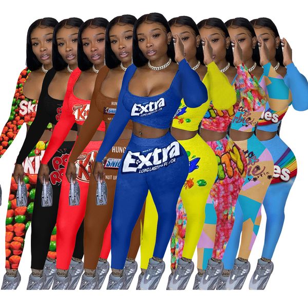 

women two piece pants sets tracksuit designers clothes 2020 autumn and winter sport suits casual long sleeve print t-shirt, White