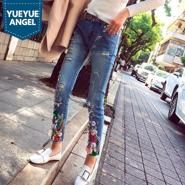 

luxury new beading jeans woman embroidery flower ankle-length ripped pencil pants office lady street stretch denim trouser, Blue
