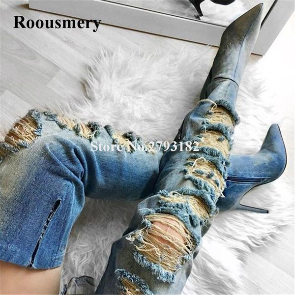 

boots 2021 design women fashion pointed toe cut-out denim gladiator slim style holes long high heel, Black