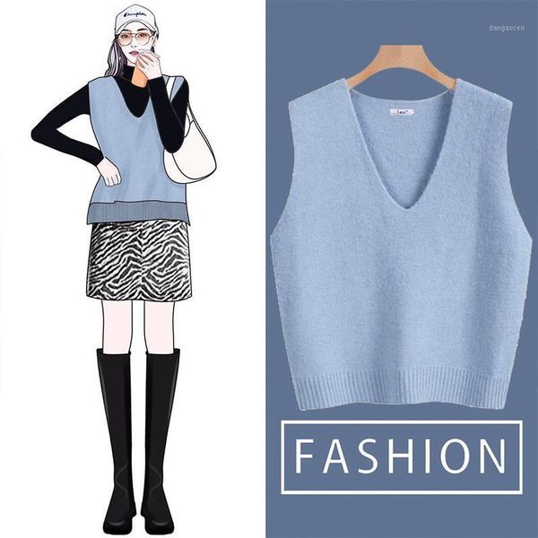 

knitted cotton v-neck vest for women uniform pullover sleeveless sweater school style short knitted gilet1, Black;white