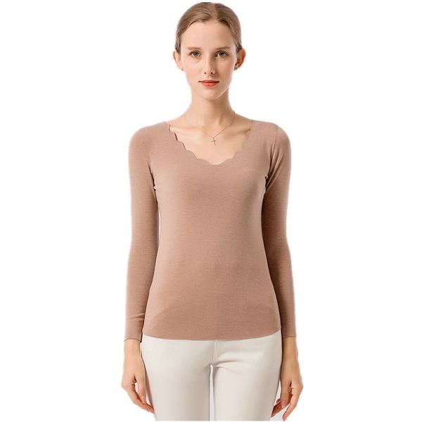 

autumn thermal underwear petal neckline long sleeves seamless thermal shirt women high elastic warm tmall thermal women 201006, Black;pink