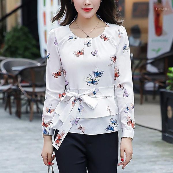 

pleated o neck white butterfly chiffon womens blouses 2020 long sleeve peplum belt korean elegant female office shirt c151