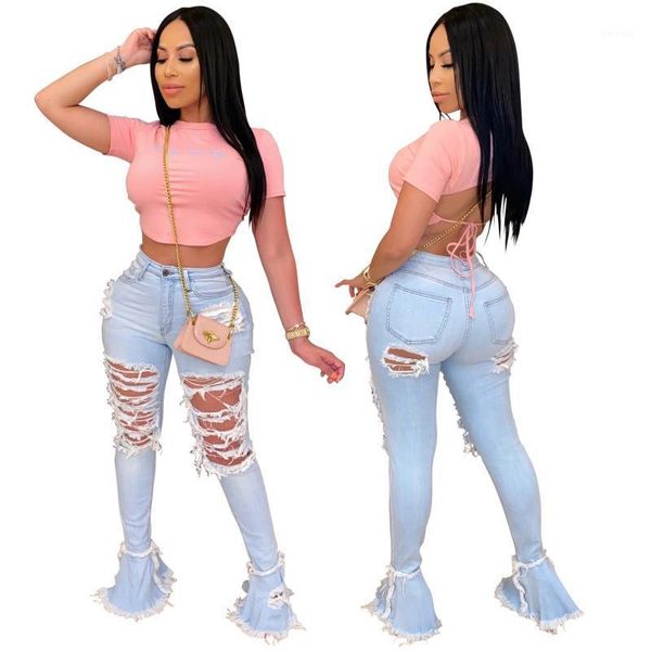 

women ripped flared jeans casual solid color ruffled jeans hole high waist elastic trousers boot cut long pants1, Blue