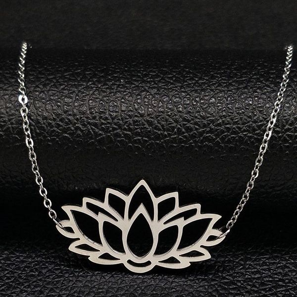 

pendant necklaces lotus stainless steel statement necklace for women silver color jewelry flor de loto collar mujer n1015s02