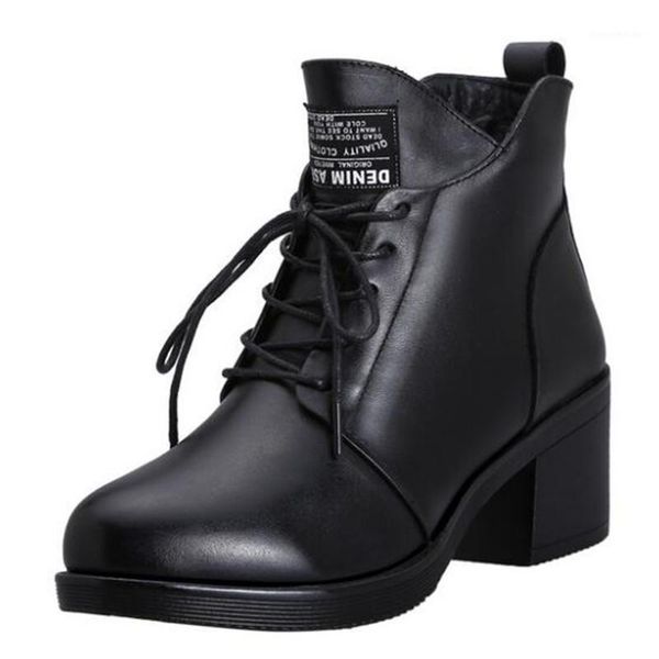 

boots winter lace-up side zipper warm wool thick with high heel shoes woman genuine leather snow1, Black