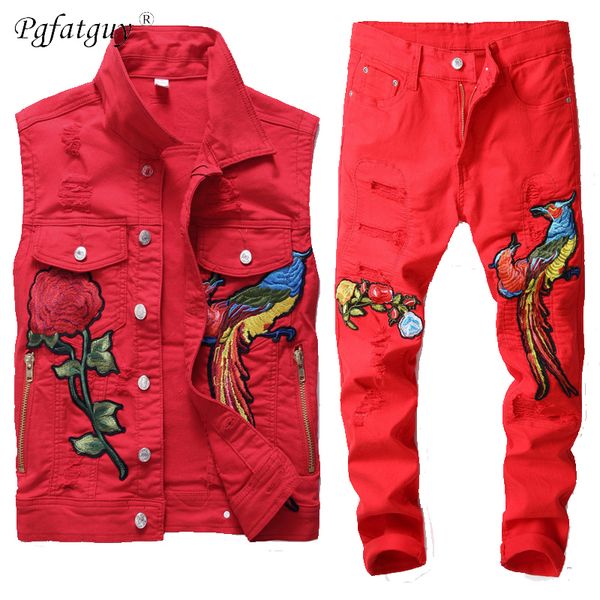 Ünlü Marka Yeni Erkekler Kırmızı Setleri Moda Sonbahar Nakış Phoenix Çiçek Takım Elbise Yelek + Pantolon Erkek Giyim 2 Parça Setleri Ince Eşofman 201109
