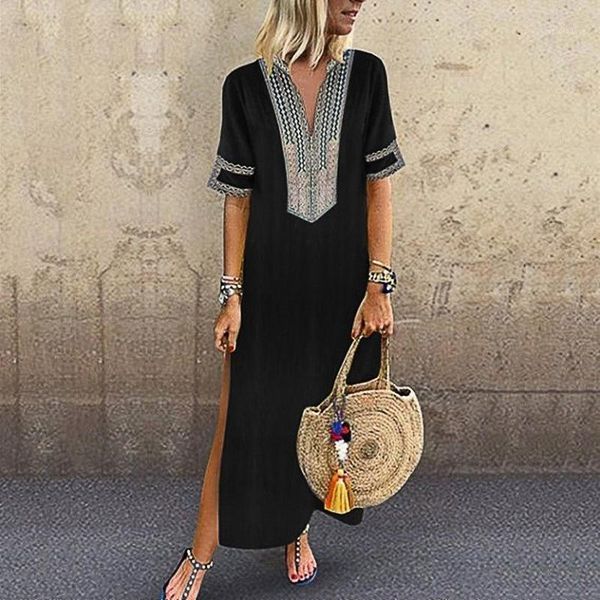 

plus size women's dress 2020 summer new style long slim flower short sleeve long maix dress beach dresses black cdr18961, Black;gray