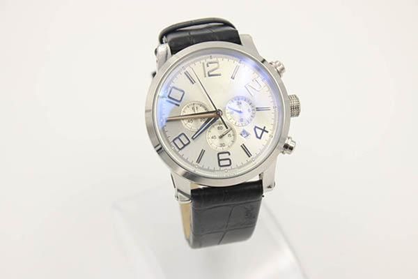 

promotion quartz chronograph time men platinum bezel white dial analog silver skeleton leather belt watch, Slivery;brown