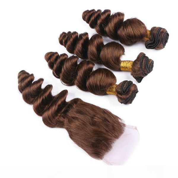 

virgin peruvian chocolate brown human hair wefts 3 bundles with closure loose wave #4 medium brown 4x4 front lace closure 4pcs lot, Black