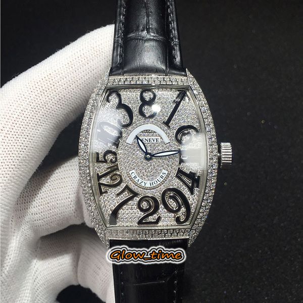 

new crazy hours 8880 ch full diamond dial japan miyota automatic mens watch silver diamonds case leather strap luxry watches, Slivery;brown