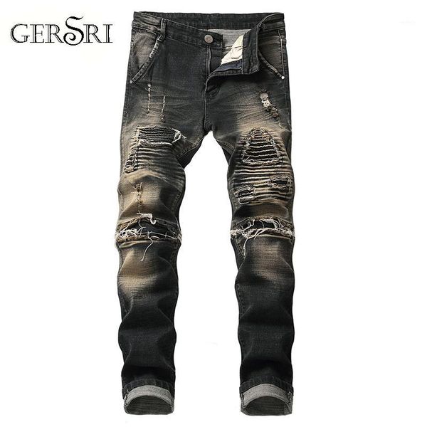 

gersri jeans casual fashion patchwork hole destroyed beggar cropped jeans pants cowboys demin pants hip hop streetwear1, Blue