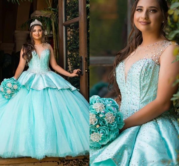 Aquablaues Ballkleid-Quinceanera-Kleid mit Rüschen, Perlen-Satin-Tüll, Juwel, transparente Flügelärmel, Schnürung, Sweet-16-Kleid, Vestidos De Quinceanera