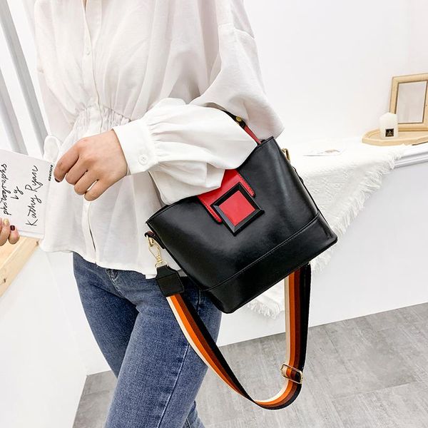 

2020 fashion solid color wide shoulder belt women's pu leather bucket handbags crossbody bags for women sac bandouliere femme