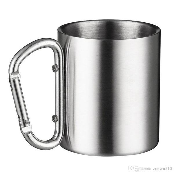 

outdoor stainless steel carabiner mug cups 220ml mountaineering water bottles portable camping coffee cup with carabiner handle dh1115 t03