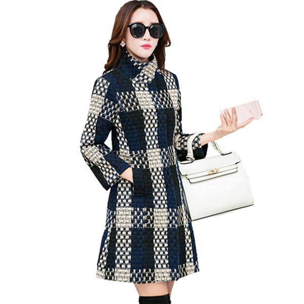 

fashionable wild women's high-quality mid-length woolen autumn and winter new version of the slim collar tweed coat, Black