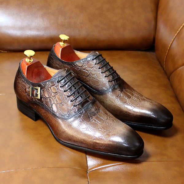 

phenkang men leather shoes genuine leather oxford formal men dress office brown lace up buckle strap shoes male, Black