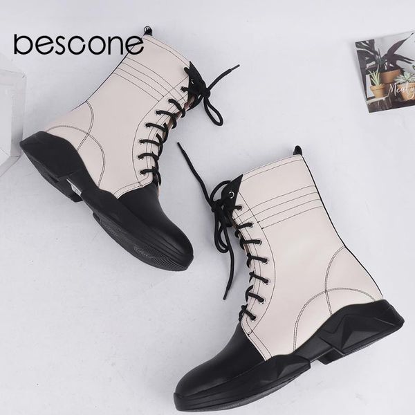 

bescone casual winter warm mid-calf boots woman round toe patchwork lace up flat boots ladies sewing easy walking bc832, Black