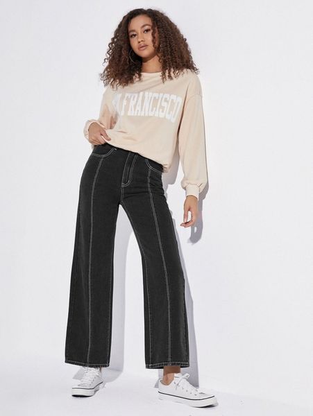 

high waist titching wide leg jeans t0aa#, Blue