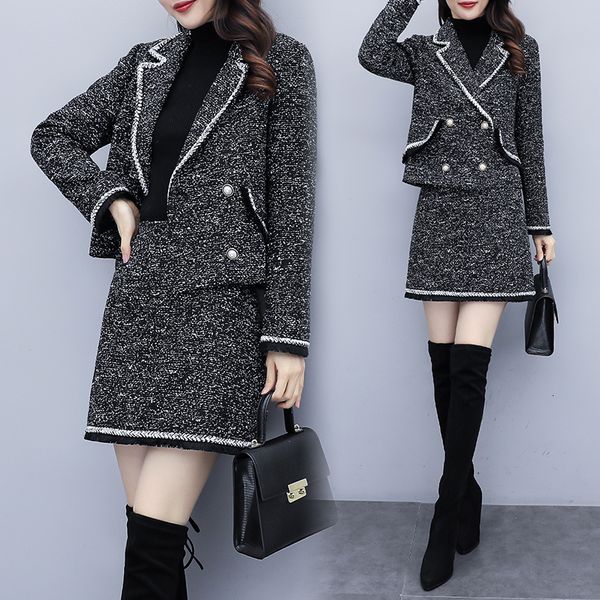 

tweeed size sets of double breasted jacket skirt femme suit woman rc7a, White