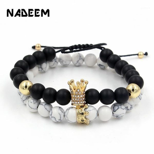 

2pcs/set braiding macrame stone beads bracelets sets for micro pave cz crown charm beads bracelets for women men jewellery gift1, Golden;silver