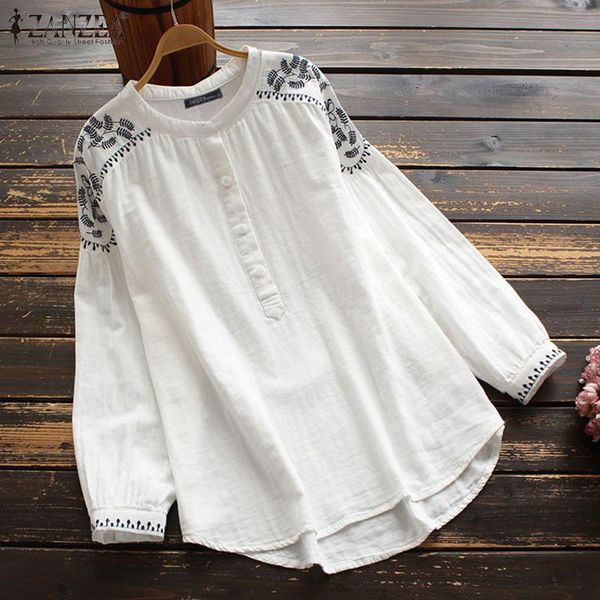 

zanzea vintage women embroidery blouse autumn long sleeve shirt emale solid blusas chemise 2020 casual cotton linen tunic f, White