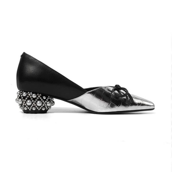 

classics genuine cow leather pumps for women shoes med heels pointed toe silver dress party office ladies spring summer shoe, Black