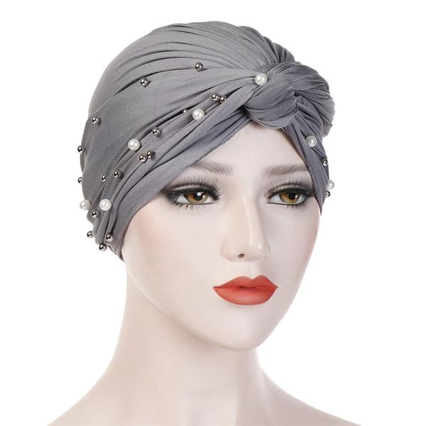 

2020 women elastic turban muslim hijab islamic india caps beads chemo caps ladies hijab scarf headwraps knotted muslim turban, Blue;gray