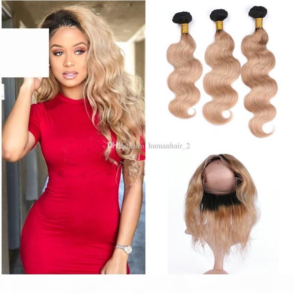 

two tone human hair bundles with 360 lace frontal closure 1b 27 honey blonde 360 full lace band frontals with body wave hair, Black;brown