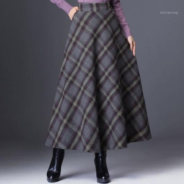 

autumn maxi wool skirt women faldas mujer moda 2019 winter plus size 3xl elegant tall waist plaid cloth long clothing ee6981, Black