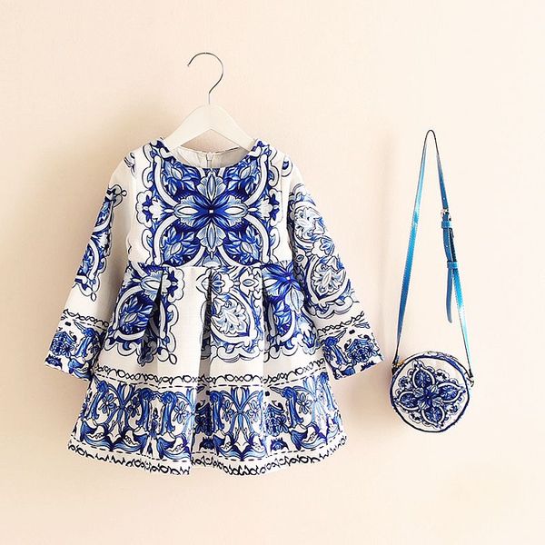 

long sleeve dress girl christmas dress 2018 autumn winter floral print toddler girl dresses kids clothes children with bag, Red;yellow