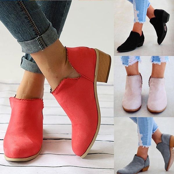 

women autumn winter flock ankle boots slip-on round toe 4cm square heel solid casual black booties size 35-43