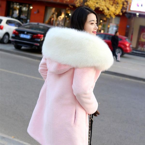 

women's fur & faux fashion thickened warm hooded mink coat women velvet loose mid-length artificial coats fake furry winter jacket, Black