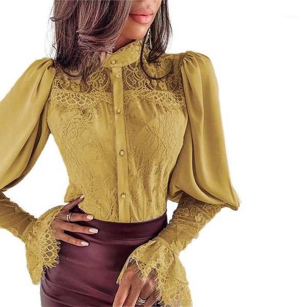 

ladies lace stitching shirt 2020 spring fashion long flare sleeve elegant pleating pure color buttons blouses1, White