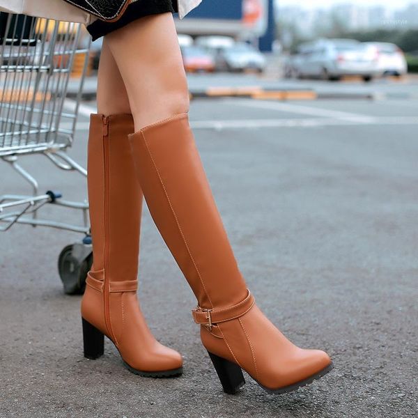 

boots aiweiyi high heels knee for woman black brown round toe square platform shoes thick fur motorcycle boots1