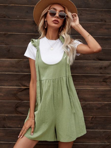 

solid dual pocket overall romper b2o8#, White