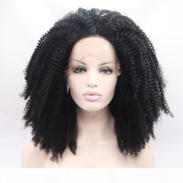 

дешевый высоких доставленные длинные afro kinky завитых черного glueless фронт шнурок парики черных синтетические волосы парики для черных ж, Black