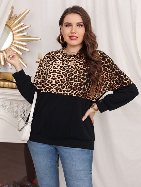 

plus leopard print pullover j38j#, Black