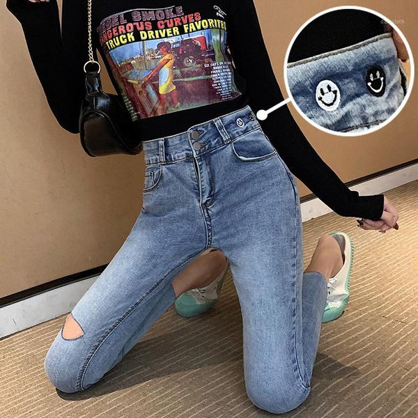 

new cartoon smiling face embroidery in spring and autumn of 2020 shows skinny pencil feet blue high waist jeans woman1