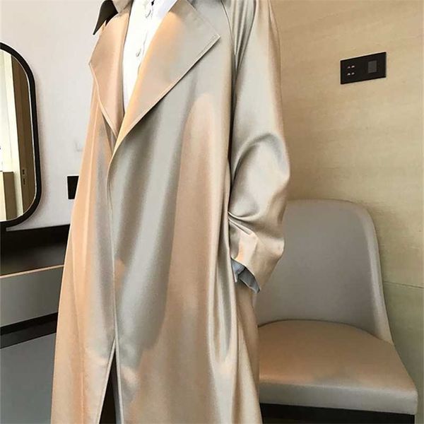 

deat woman trench coat champagne solid silkly long sleeve with sashes loose minimalist high street spring fashion ap161 220114, Tan;black